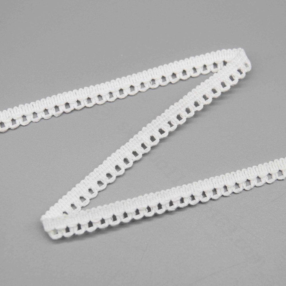 Close-up of a pristine white 0.8 cm narrow water-soluble lace trim