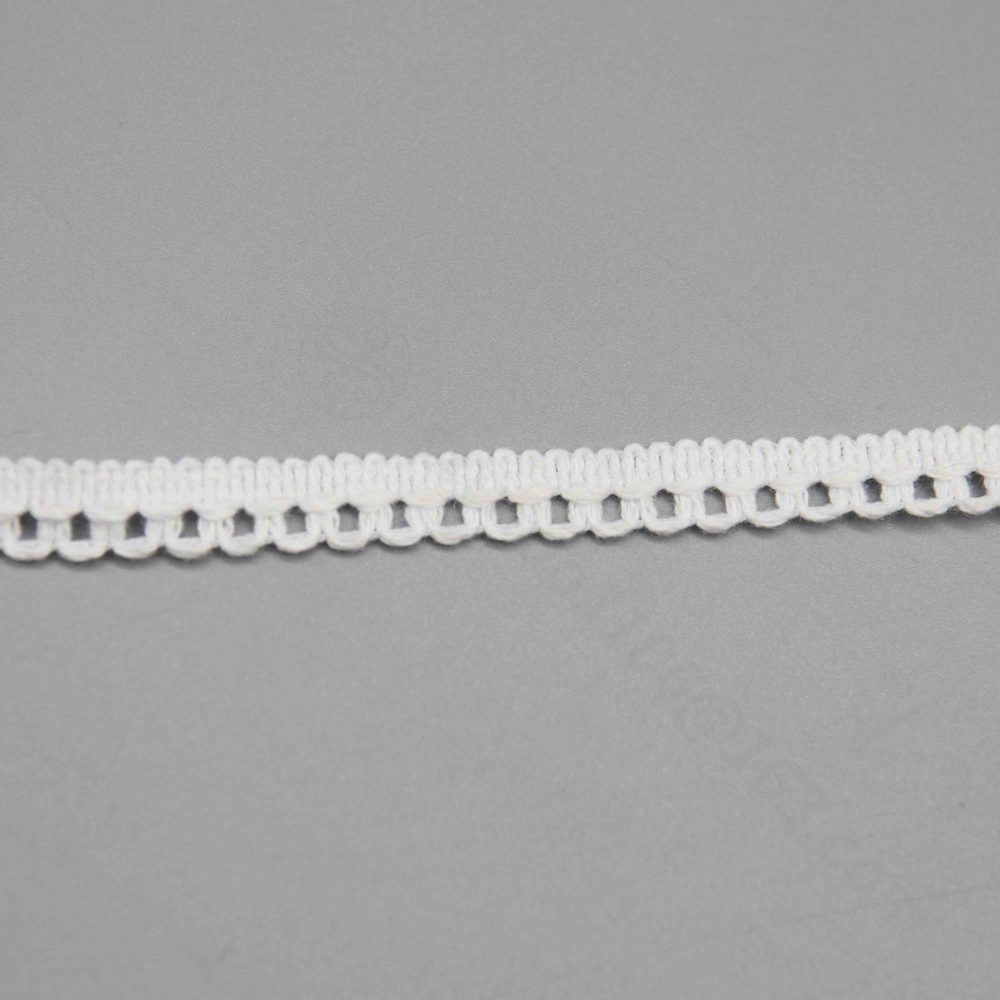 Sophisticated display of ultra-narrow 0.8 cm water-soluble lace trim in clean white, showing a practical straight side for attachment and flowing scallop arc edges with precise eyelet holes; backing-free embroidery ensures soft, defined texture, ideal for adding refined details to clothing necklines and veils.