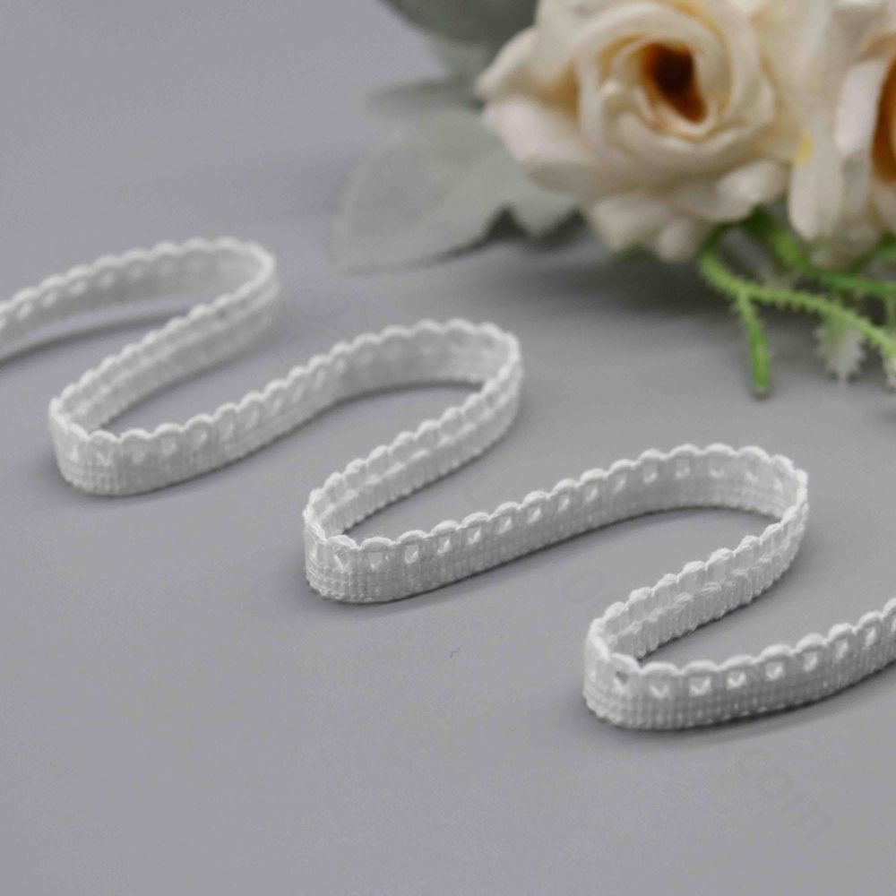 Vibrant image of slim 0.8 cm pure white water-soluble lace trim, combining a stable knit band for sewing with delicate scallop waves and aligned small eyelet openings for lightness; embroidered-only construction offers gentle structure and elegance, great for lingerie hems and handmade craft projects.