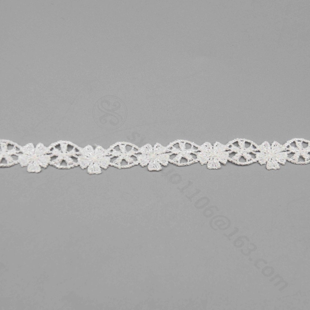High-resolution image of a delicate factory-direct water-soluble lace trim in pristine white, featuring chained 3D six-petal floral embroidery with tight, lustrous stitches for depth and classic eyelet hollow rounds with sharp lines for lightness; no net backing ensures crisp contours and subtle stiffness, ideal for children's dress cuffs and waistlines with refined charm.