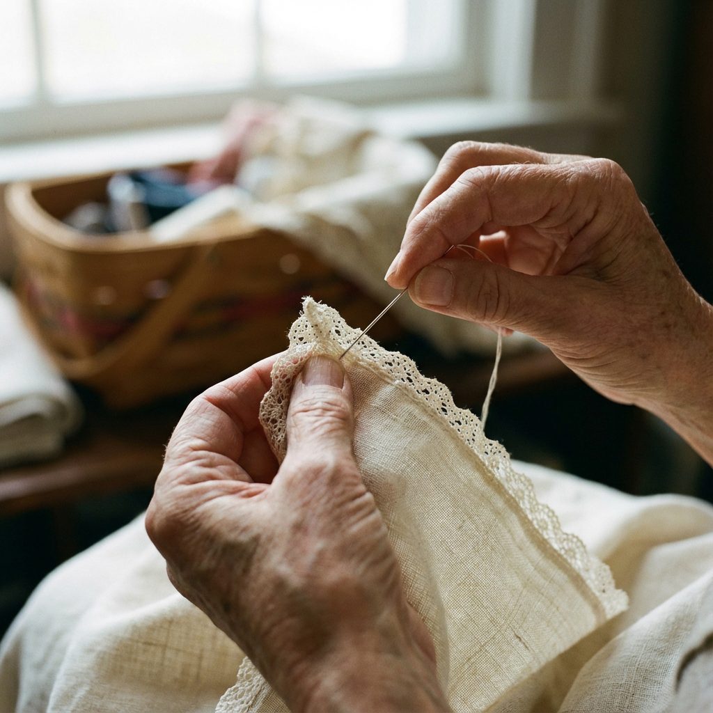 Hand sewing lace trim with slip stitch technique