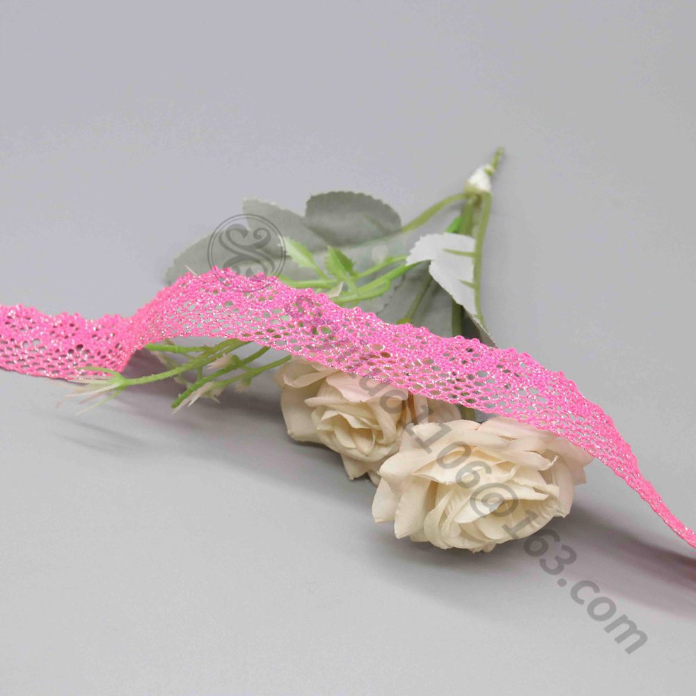Curved shot demonstrating the flexible drape and crochet-style character of the trim.