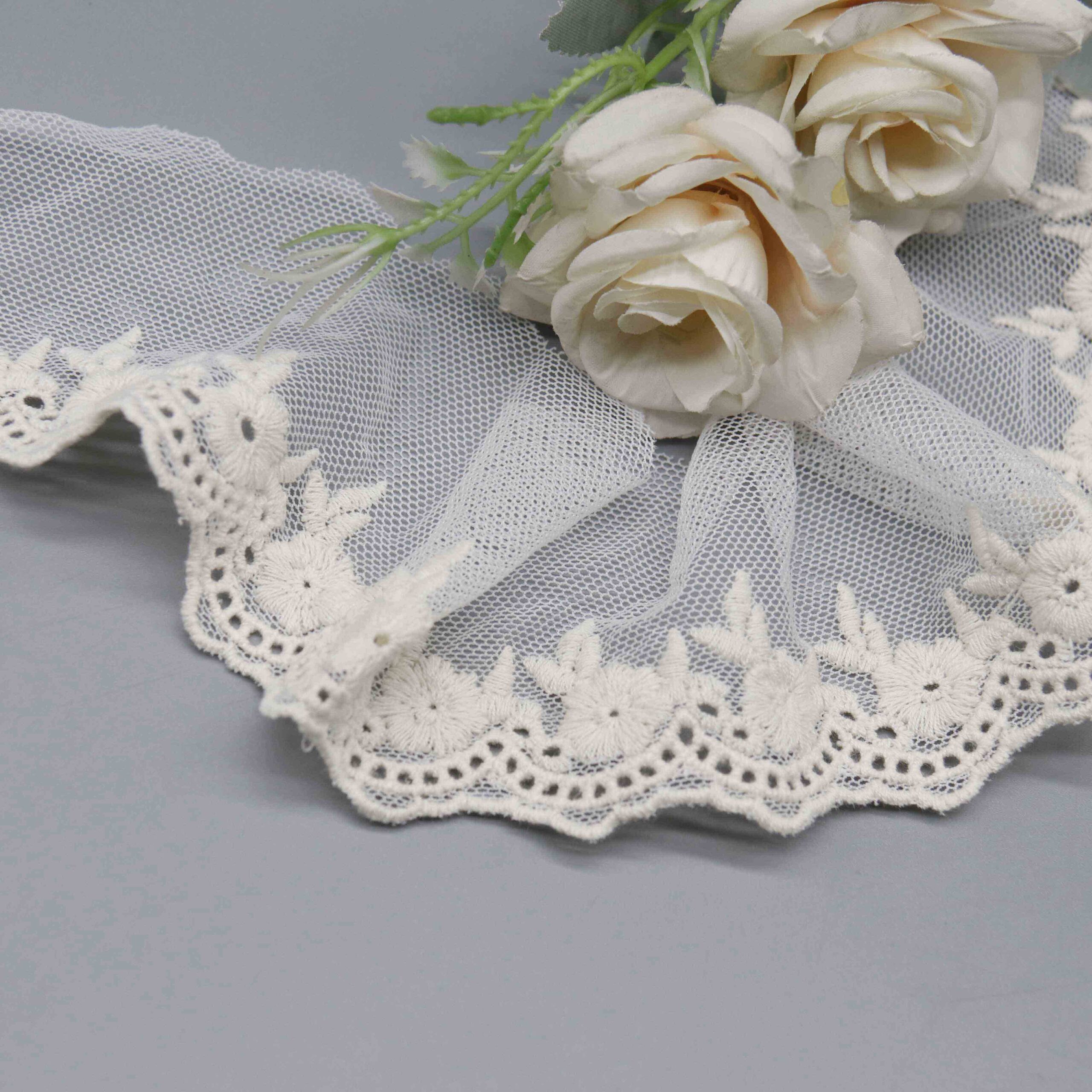 High-resolution detail showing the scalloped border with eyelet-trimmed arches following flower contours.
