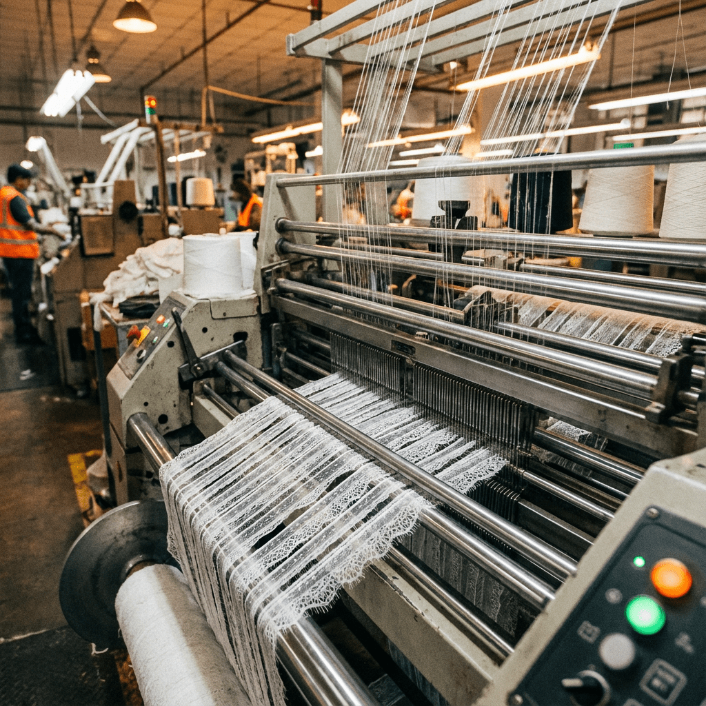 Raschel warp knitting machine producing eyelash lace in factory