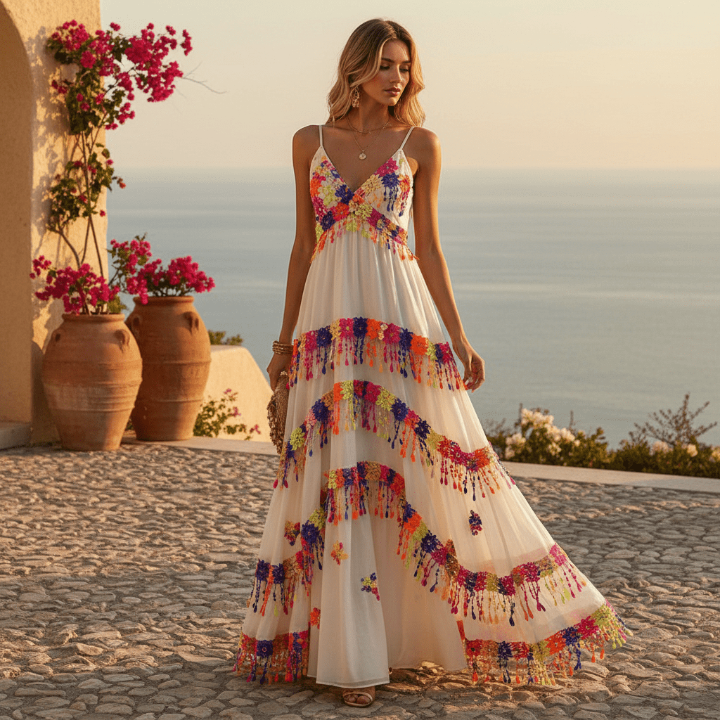 Colorful fringe lace trim maxi dress on model