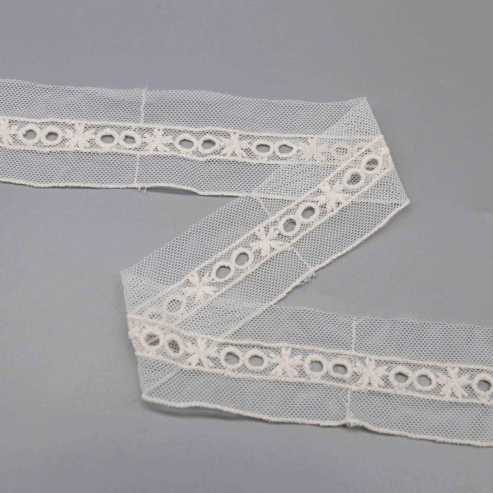 Poly-Cotton Embroidered Mesh Lace Trim with Geometric Eyelet - Image 3