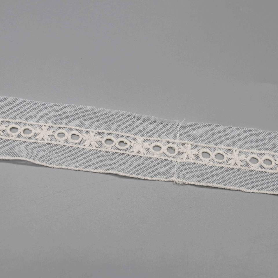 Poly-Cotton Embroidered Mesh Lace Trim with Geometric Eyelet