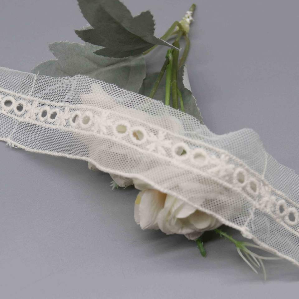 Poly-Cotton Embroidered Mesh Lace Trim with Geometric Eyelet - Image 5