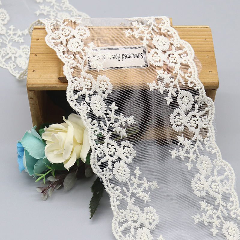 Wide Polyester Embroidered Tulle Lace with Symmetrical Floral Scallop