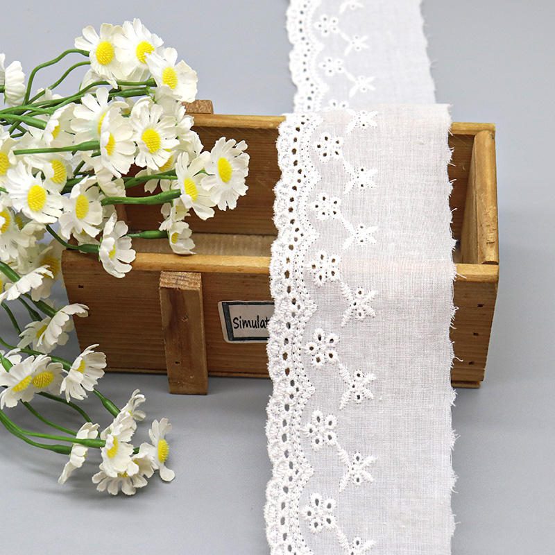 White Flower Embroidered Cotton Eyelet Lace Trim for Dress and Home Textiles - Image 4