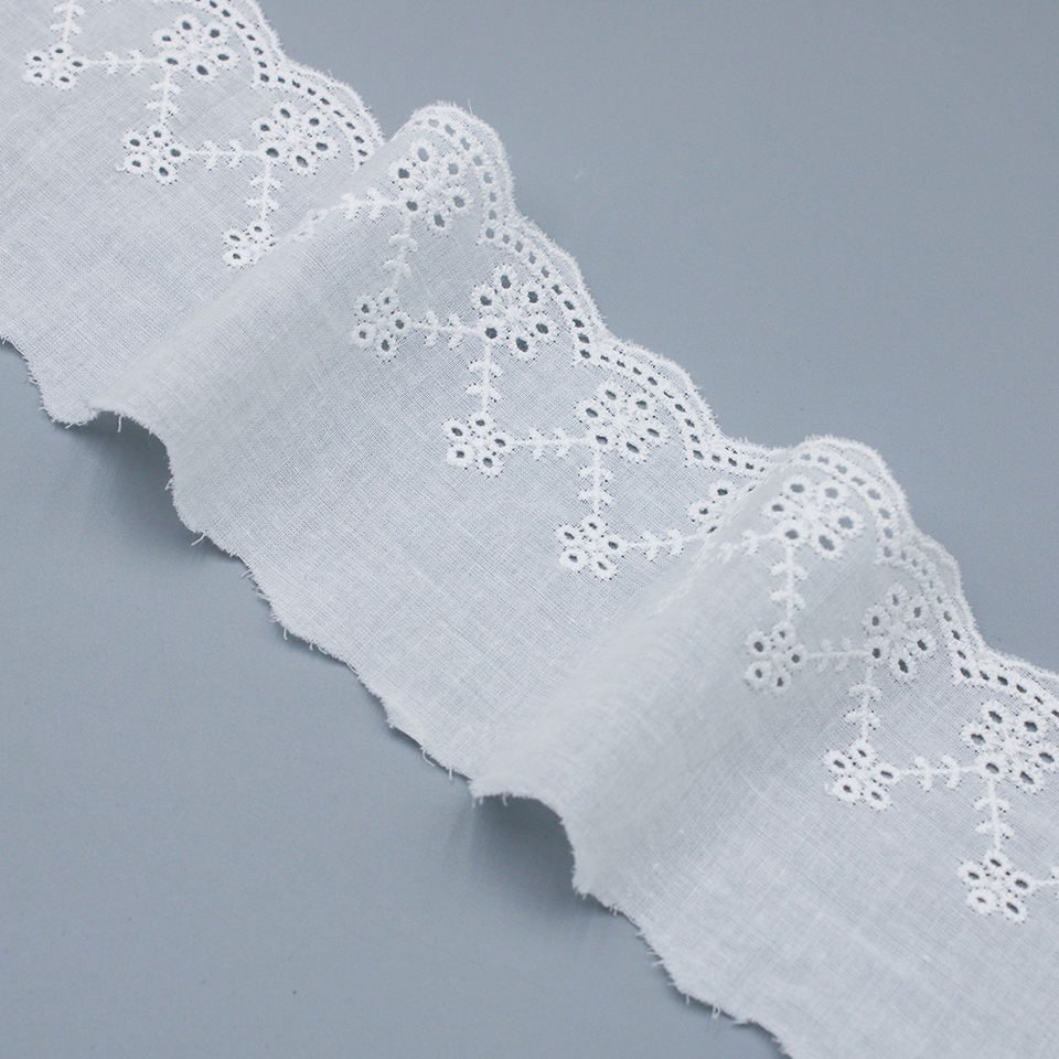 White Flower Embroidered Cotton Eyelet Lace Trim for Dress and Home Textiles - Image 3
