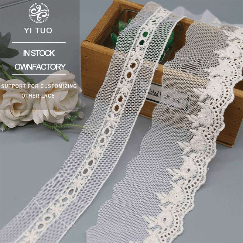Poly-Cotton Embroidered Mesh Lace Trim with Geometric Eyelet - Image 6