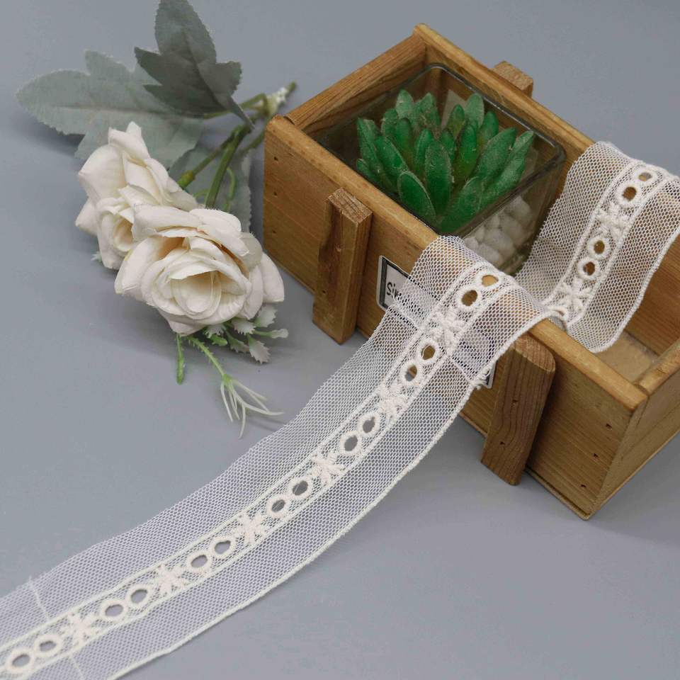 Poly-Cotton Embroidered Mesh Lace Trim with Geometric Eyelet - Image 2