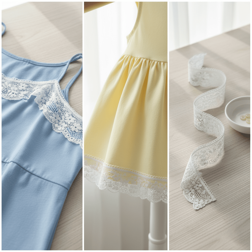 A clean, minimalist triptych showing 4cm galloon lace trim used as a strap on a camisole and as a hem on a girl's dress