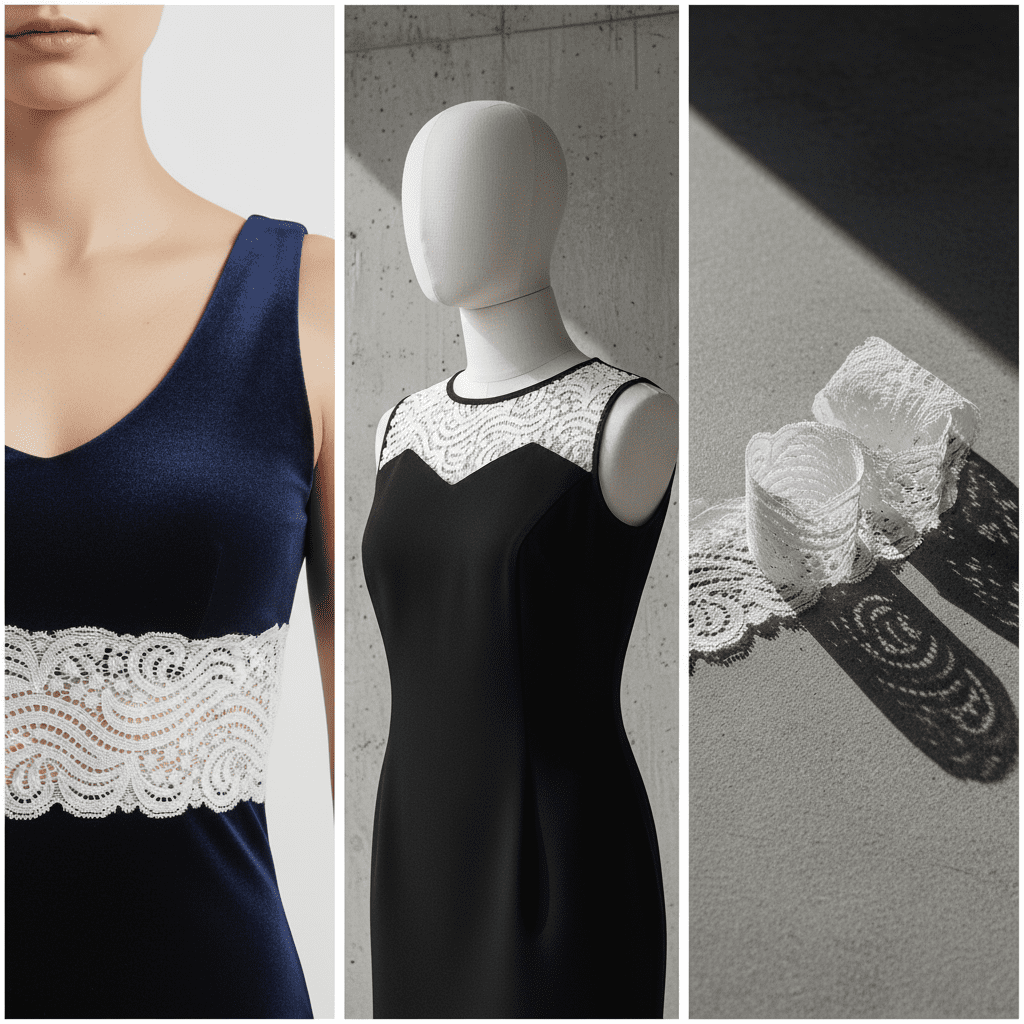 A minimalist triptych showing 6cm wide stretch lace used as a statement band on a bralette and as an overlay on a fashion garment.