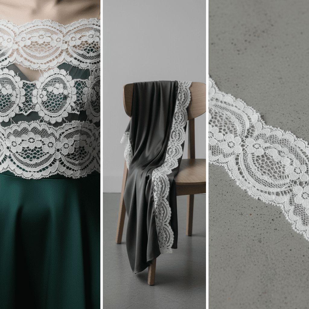 A high-fashion triptych showing a 5cm vintage stretch lace trim used as a bodice overlay and as a decorative trim on a silk robe