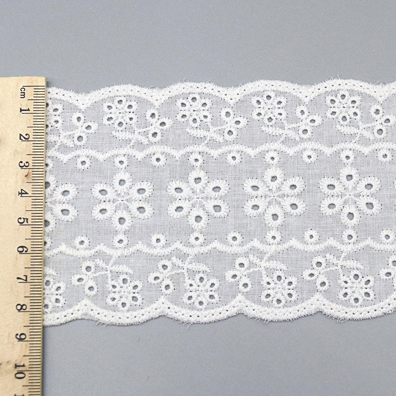 A close-up studio shot of a wide 8cm 100% cotton eyelet lace with a floral medallion pattern and scalloped edges, next to a bouquet of daisies