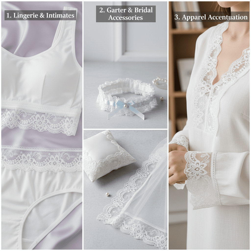 A triptych showing the asymmetrical stretch lace trim on the waistband of a bralette and as the cuff on a silk blouse