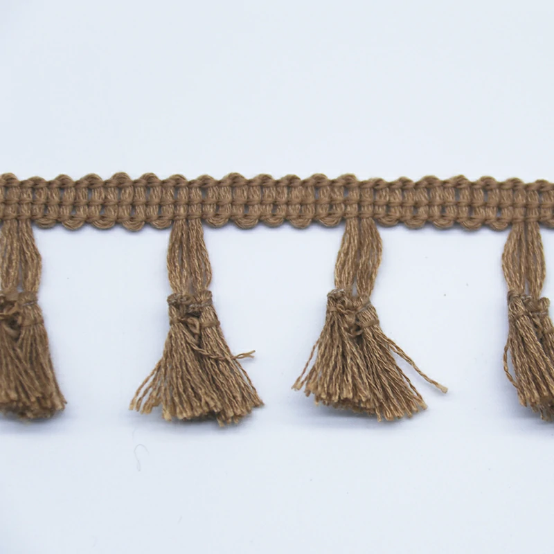 True-to-color shot of sage green seafoam tassel fringe trim under natural lighting.
