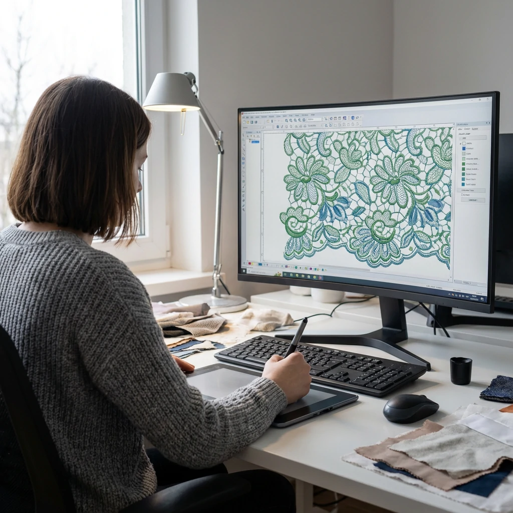 Designer using CAD software to create lace pattern with stitch visualization