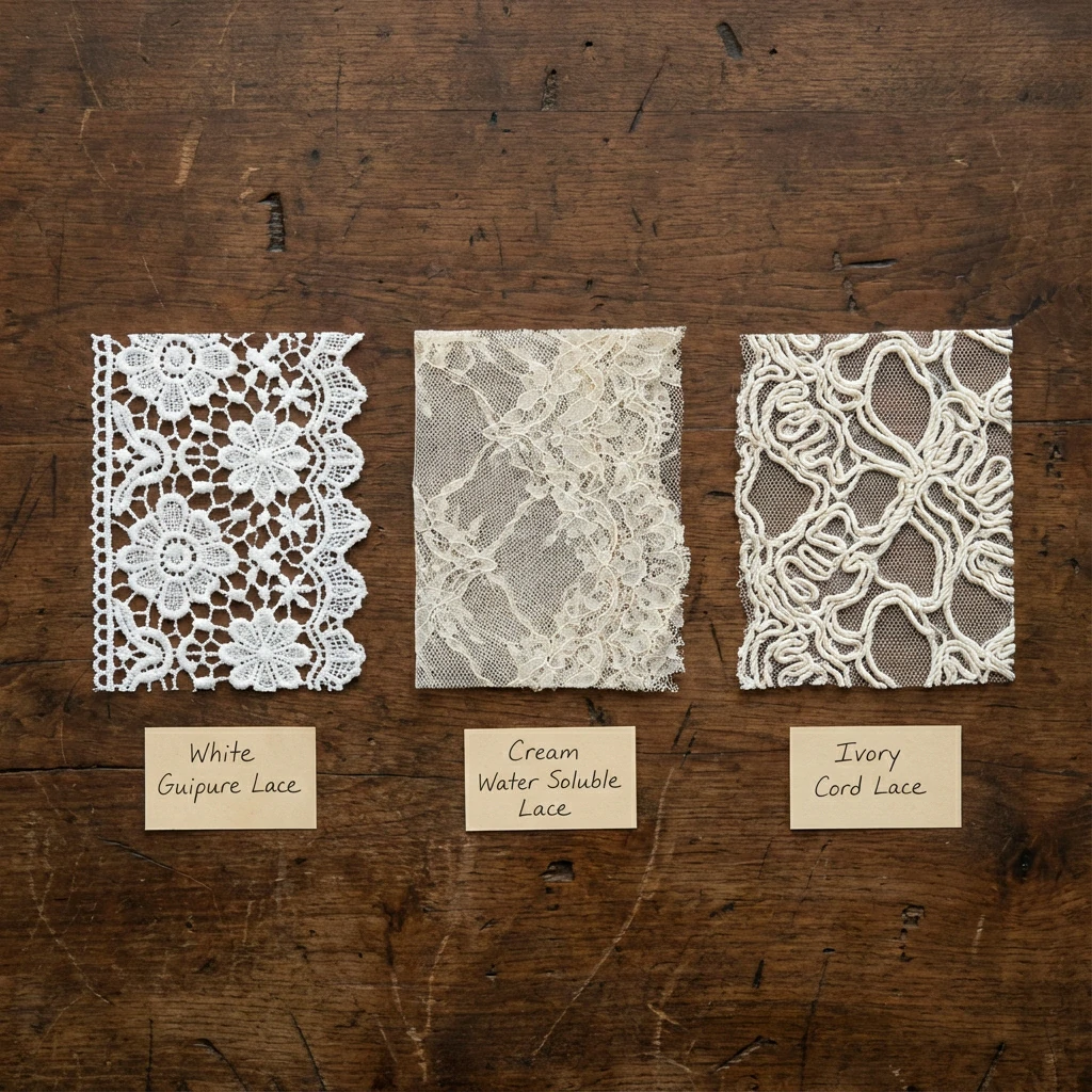 Different names for chemical lace including guipure, water soluble, and cord lace samples