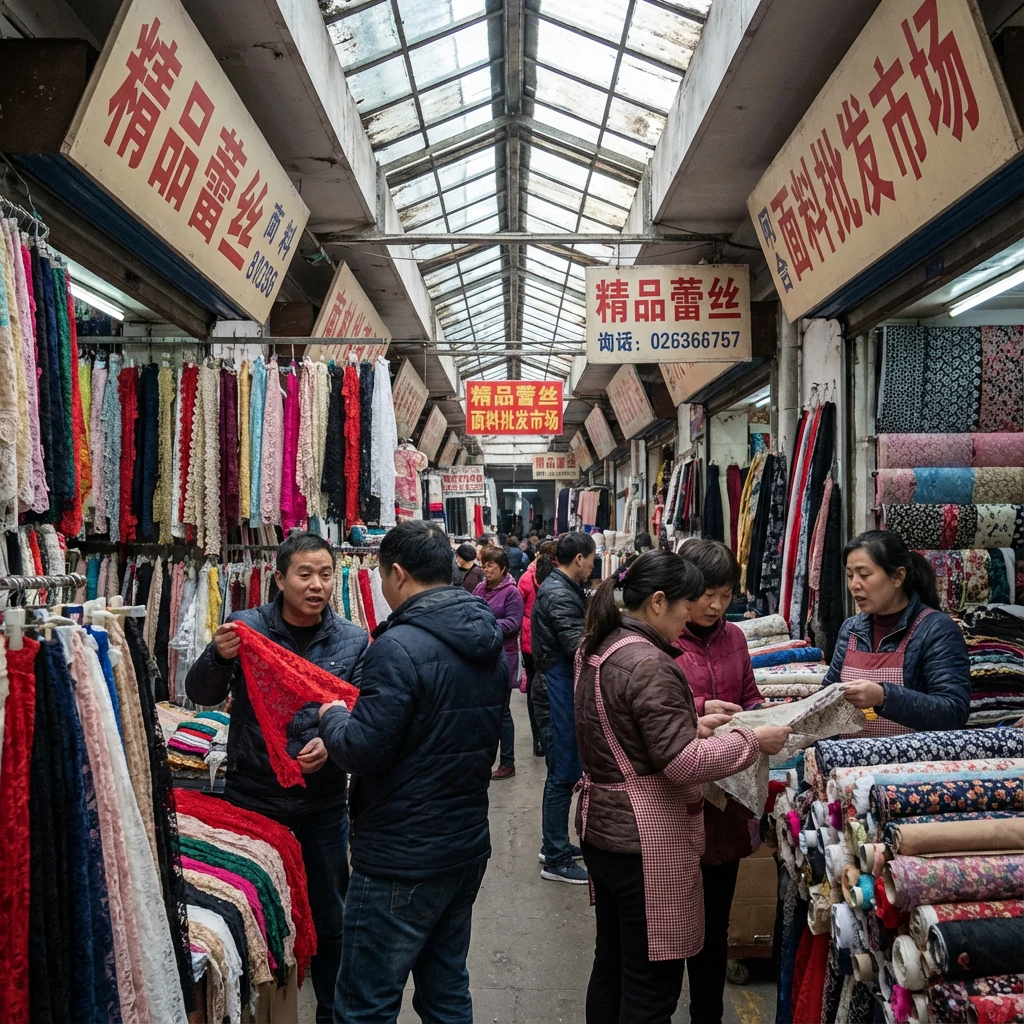 Lace trim stalls at Zhongda Fabric Market Guangzhou