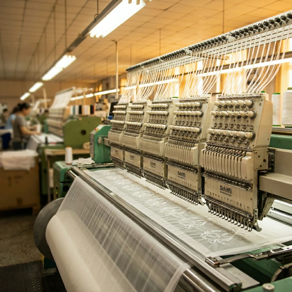 Schiffli embroidery machine creating chemical lace on water soluble fabric