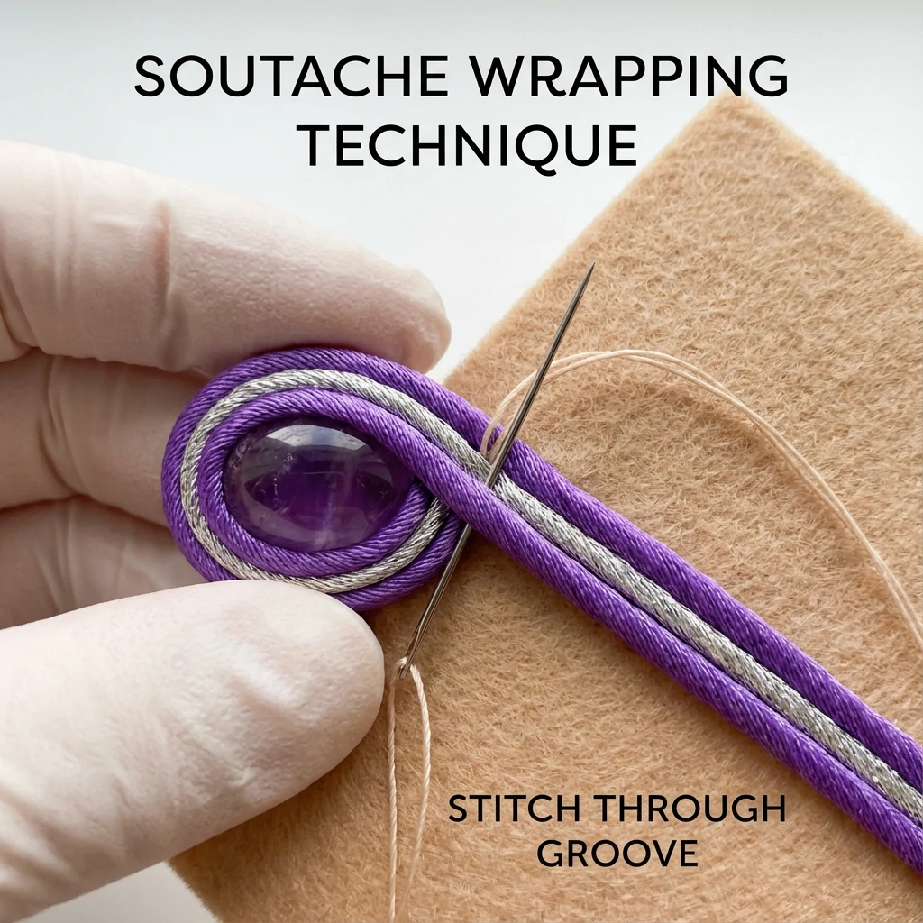 Soutache braid being wrapped around a cabochon bead, showing basic wrapping technique for beginners