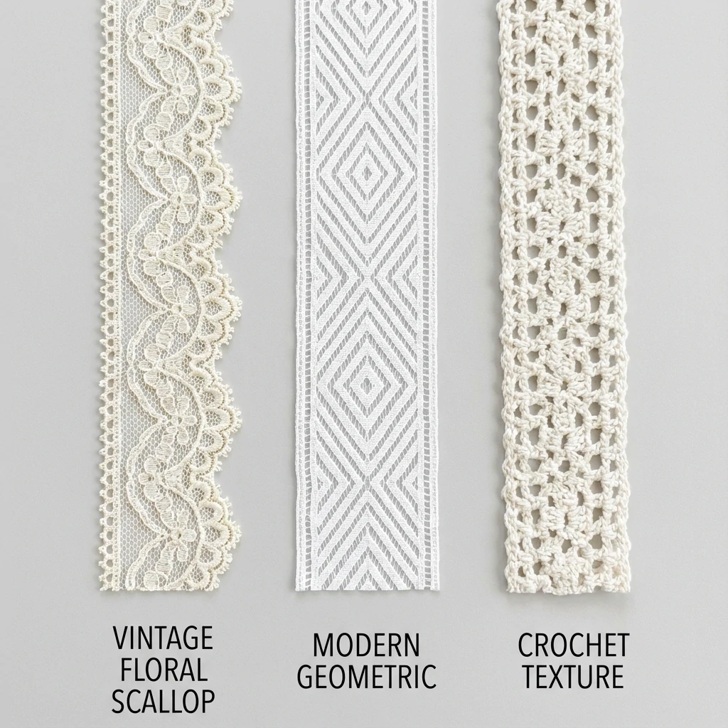 Three styles of lace ribbon vintage floral pattern, modern geometric design, and crochet-look texture