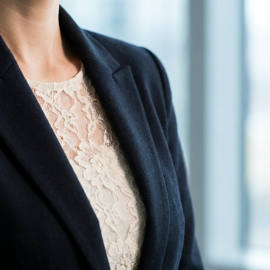 White lace top layered under black blazer showing texture contrast